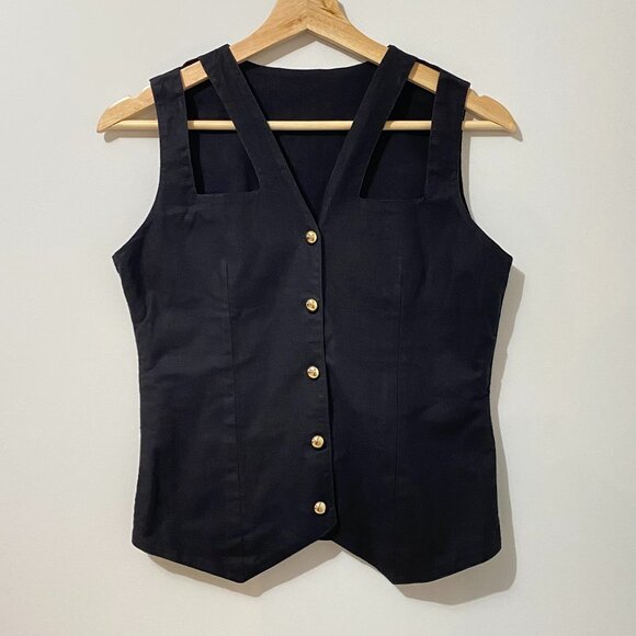 Vintage Tops - Vintage 90s Black Vest Top with Cutouts and Large Gold Buttons Minimalist Linen